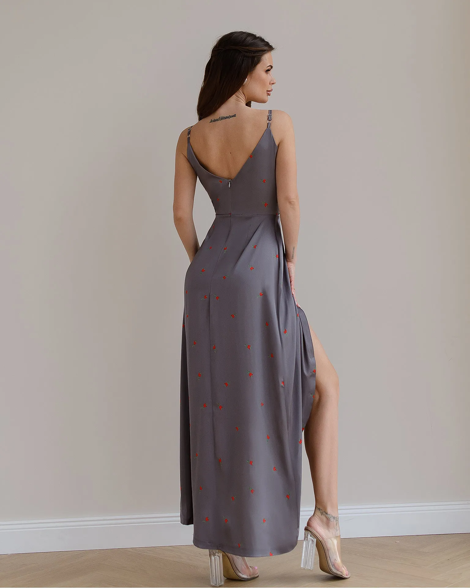 Grey Floral-Print Silk Slip Midi Dress