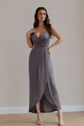 Grey Floral-Print Silk Slip Midi Dress