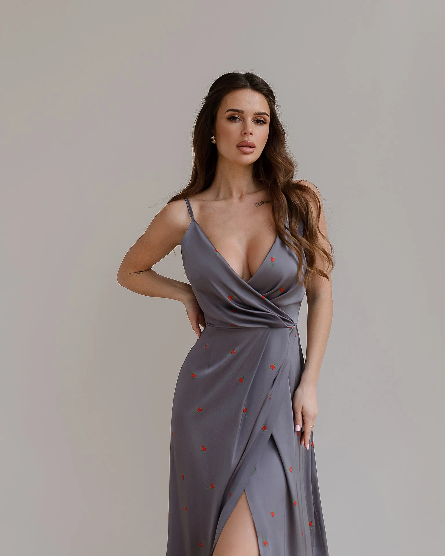 Grey Floral-Print Silk Slip Midi Dress