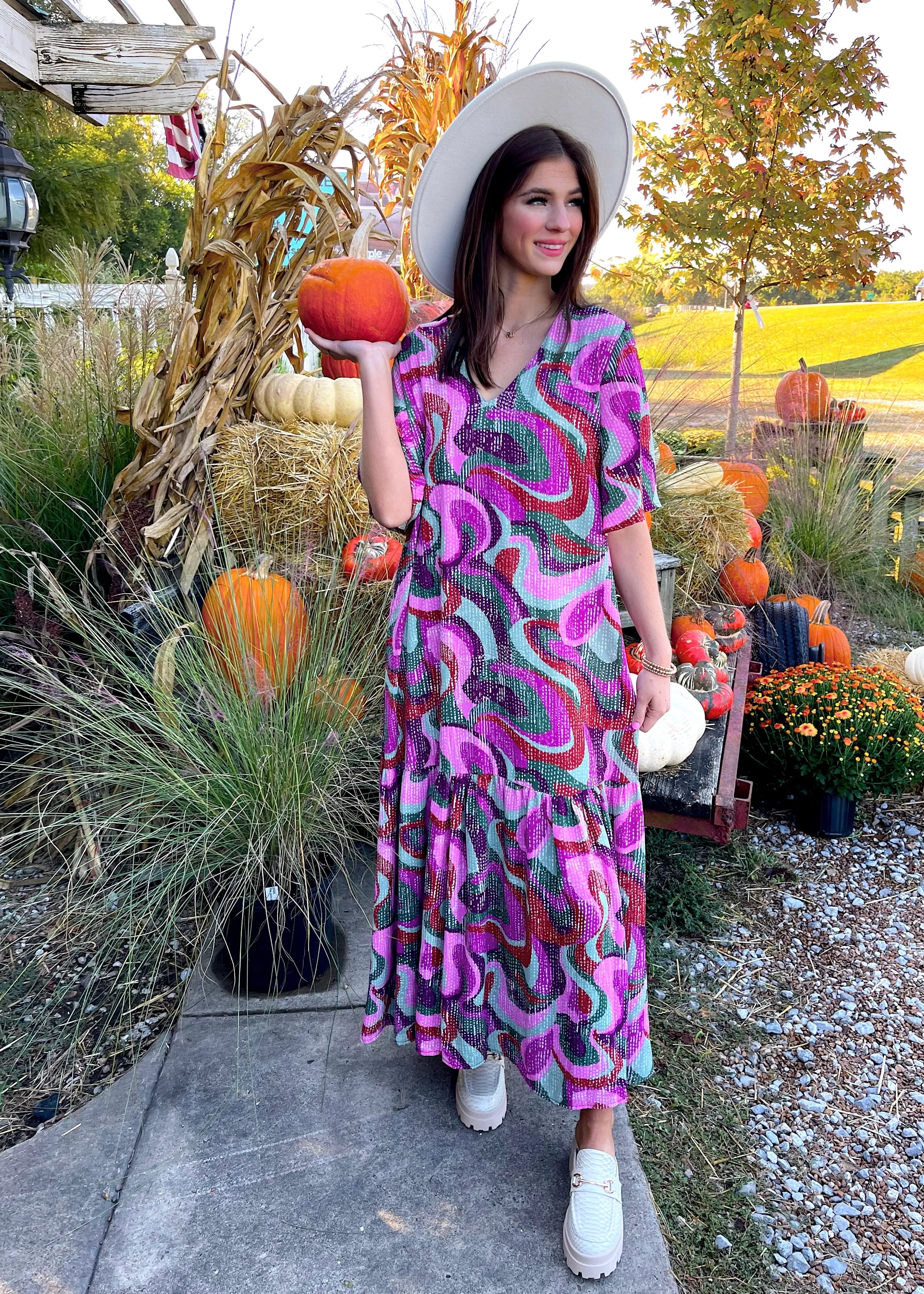 Groovy Girl Flutter Sleeve Maxi Dress | Purple Multi