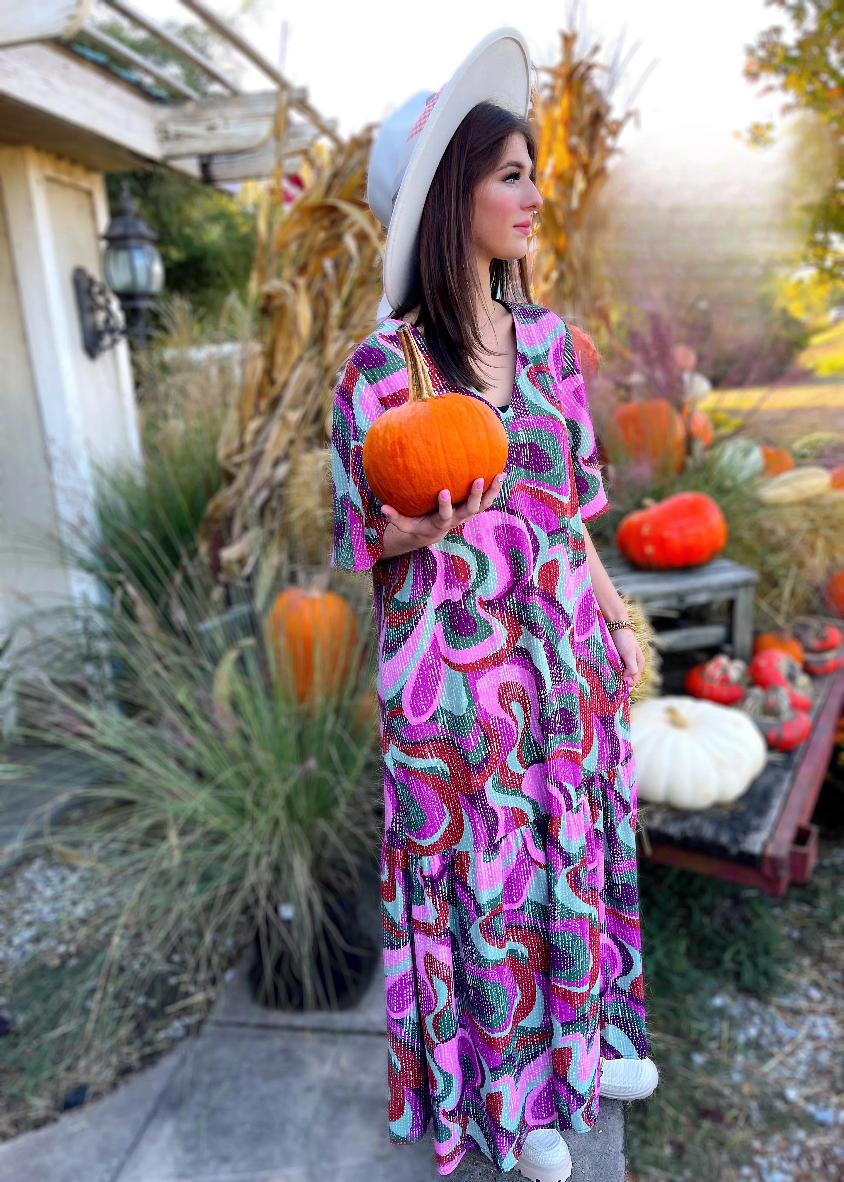 Groovy Girl Flutter Sleeve Maxi Dress | Purple Multi