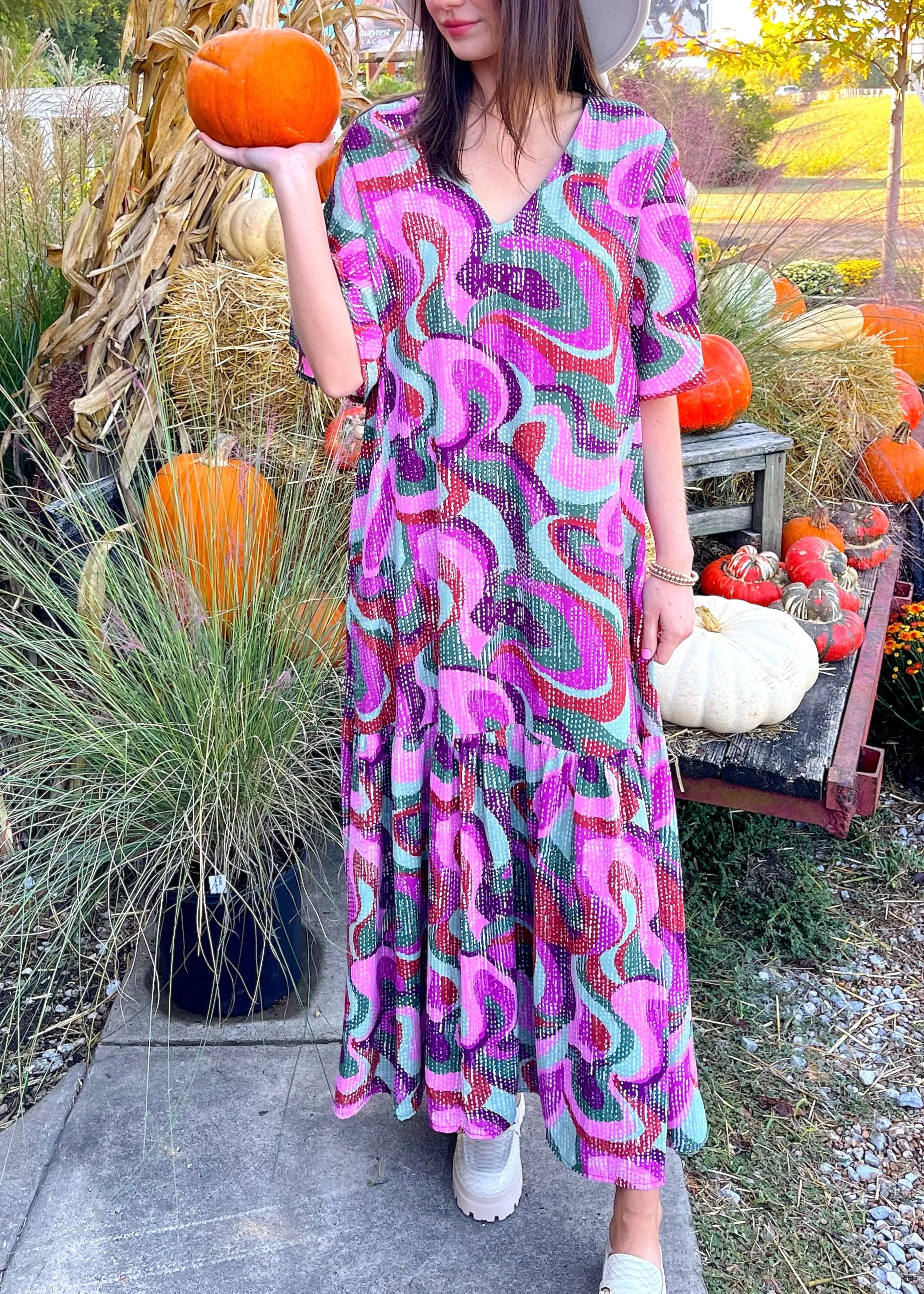 Groovy Girl Flutter Sleeve Maxi Dress | Purple Multi