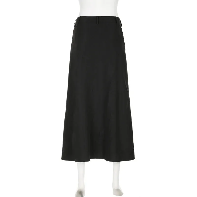 Grunge Punk Style Rivet Black Long Skirt Pockets Side Slit Harajuku Gothic Cargo Skirt Female A-Line Solid Clothing