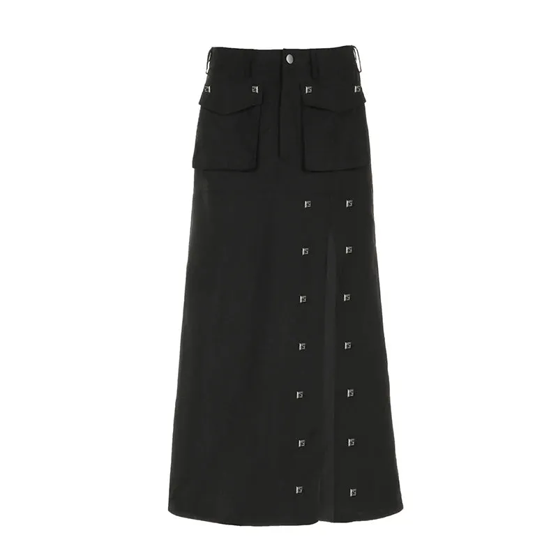 Grunge Punk Style Rivet Black Long Skirt Pockets Side Slit Harajuku Gothic Cargo Skirt Female A-Line Solid Clothing