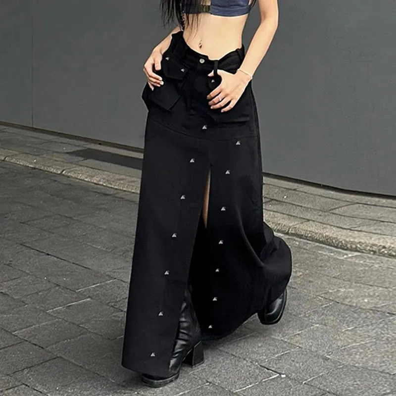 Grunge Punk Style Rivet Black Long Skirt Pockets Side Slit Harajuku Gothic Cargo Skirt Female A-Line Solid Clothing