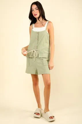 Half Button Drawstring Sleeveless Romper