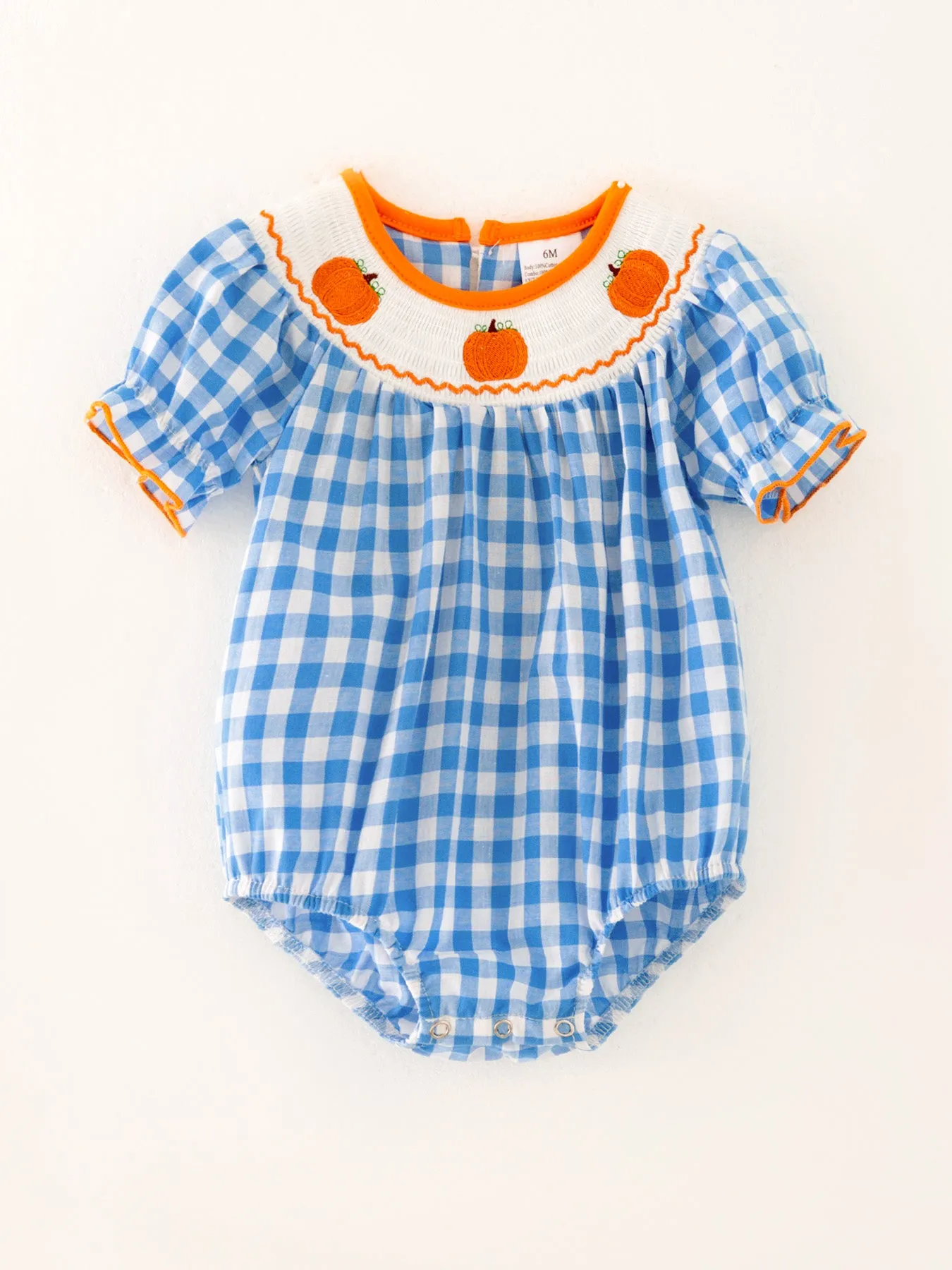 Halloween Bule Girls Woven Smocking Embroidered Plaid Romper