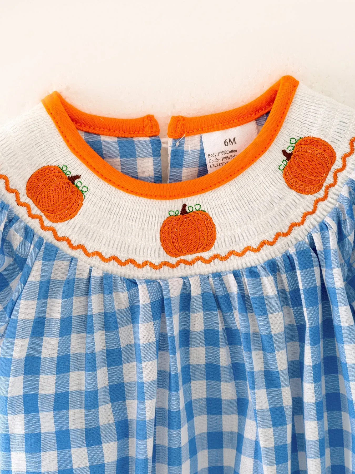 Halloween Bule Girls Woven Smocking Embroidered Plaid Romper