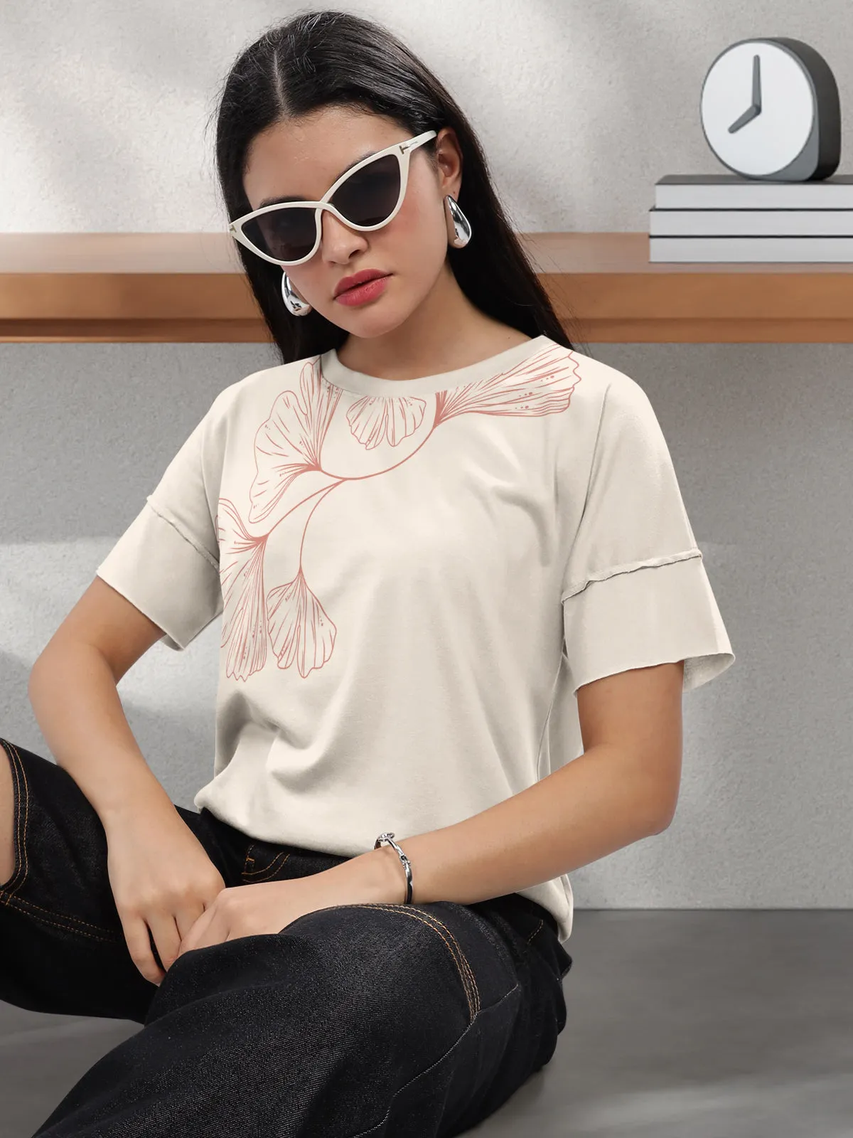 HELLCAT Cream Printed Regular Fit Raw Edge Crew Neck Crop T-Shirt for Women