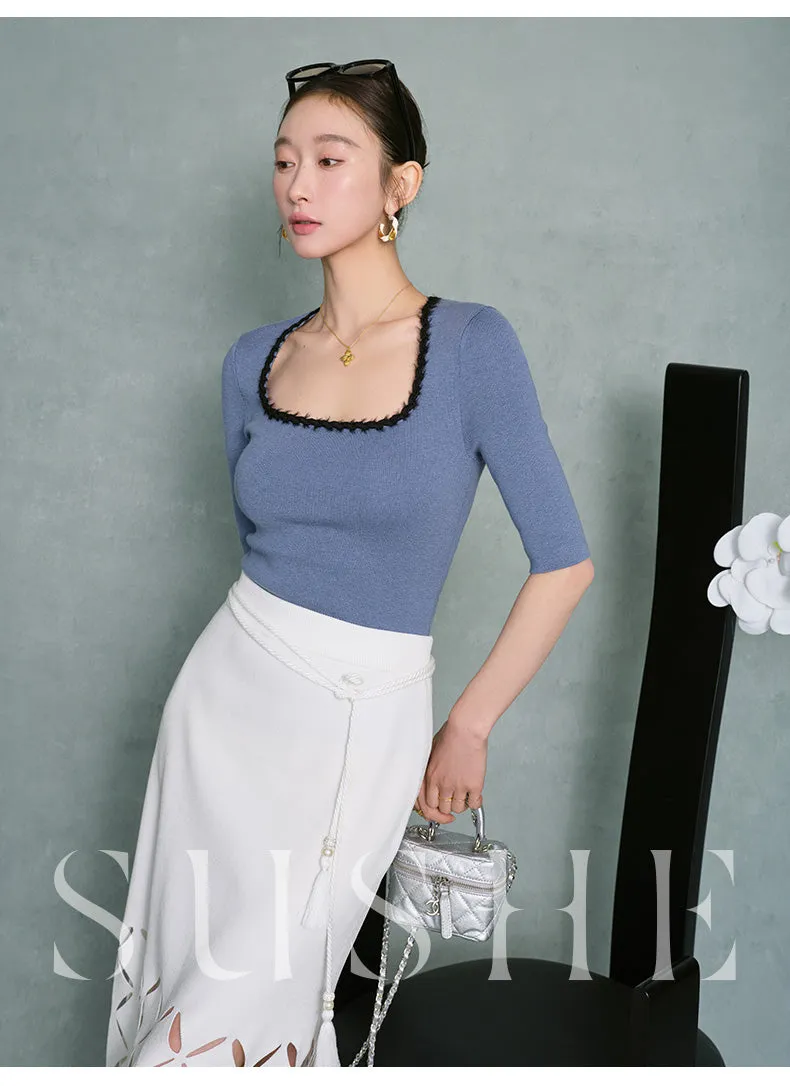 High end coconut cream white cut out knitted pencil Spring white skirt - Lalu