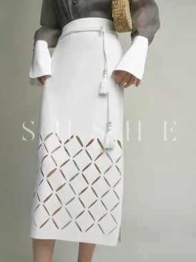 High end coconut cream white cut out knitted pencil Spring white skirt - Lalu