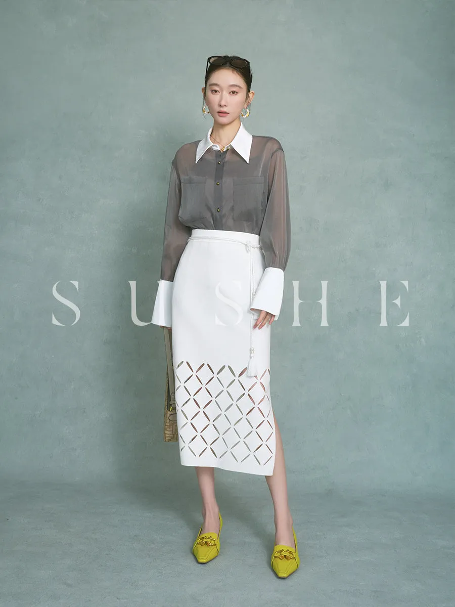 High end coconut cream white cut out knitted pencil Spring white skirt - Lalu