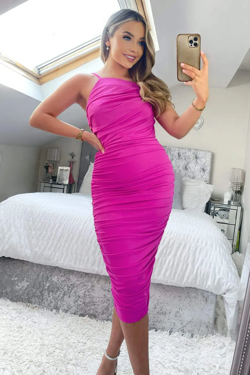 Hot Pink Ruched Pleated Top Midi Dress