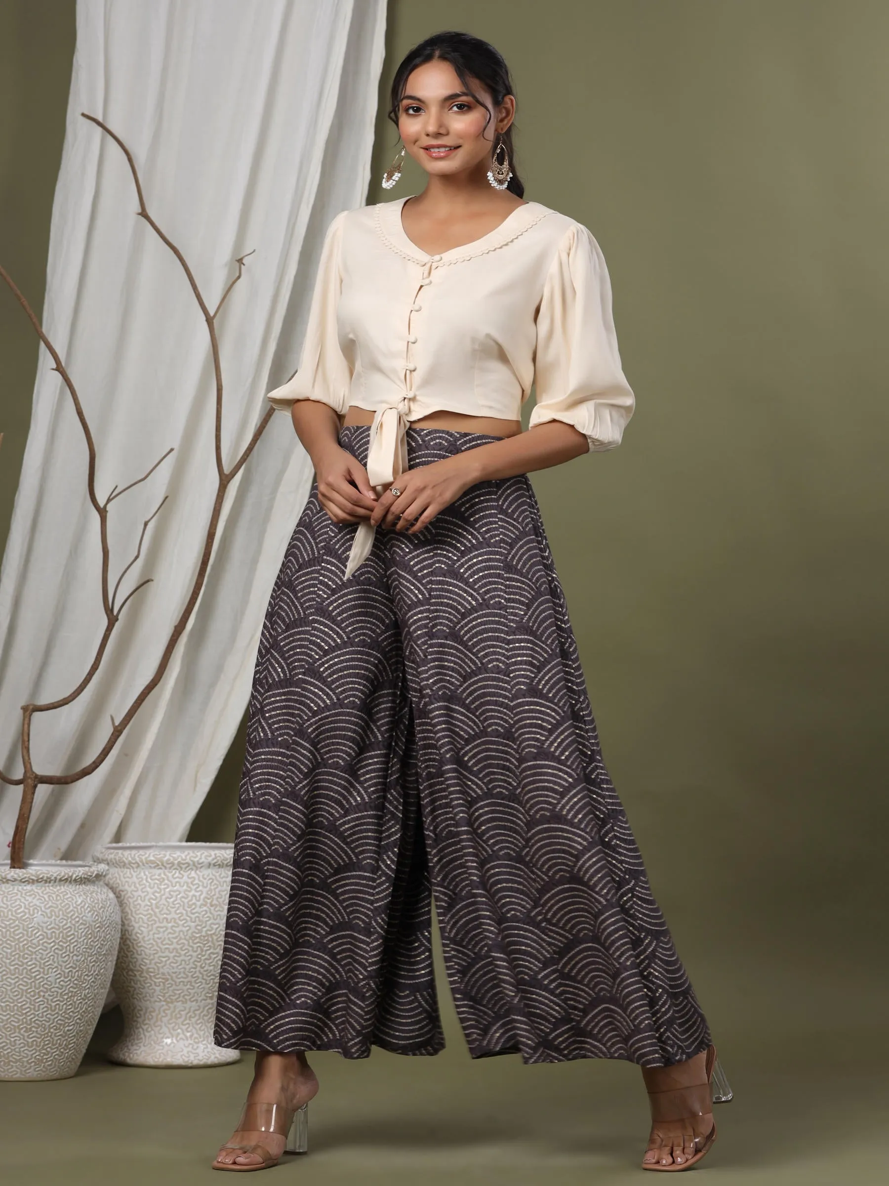 Juniper Grey Ethnic Motif Printed Rayon Flared  & Kalidar Palazzo