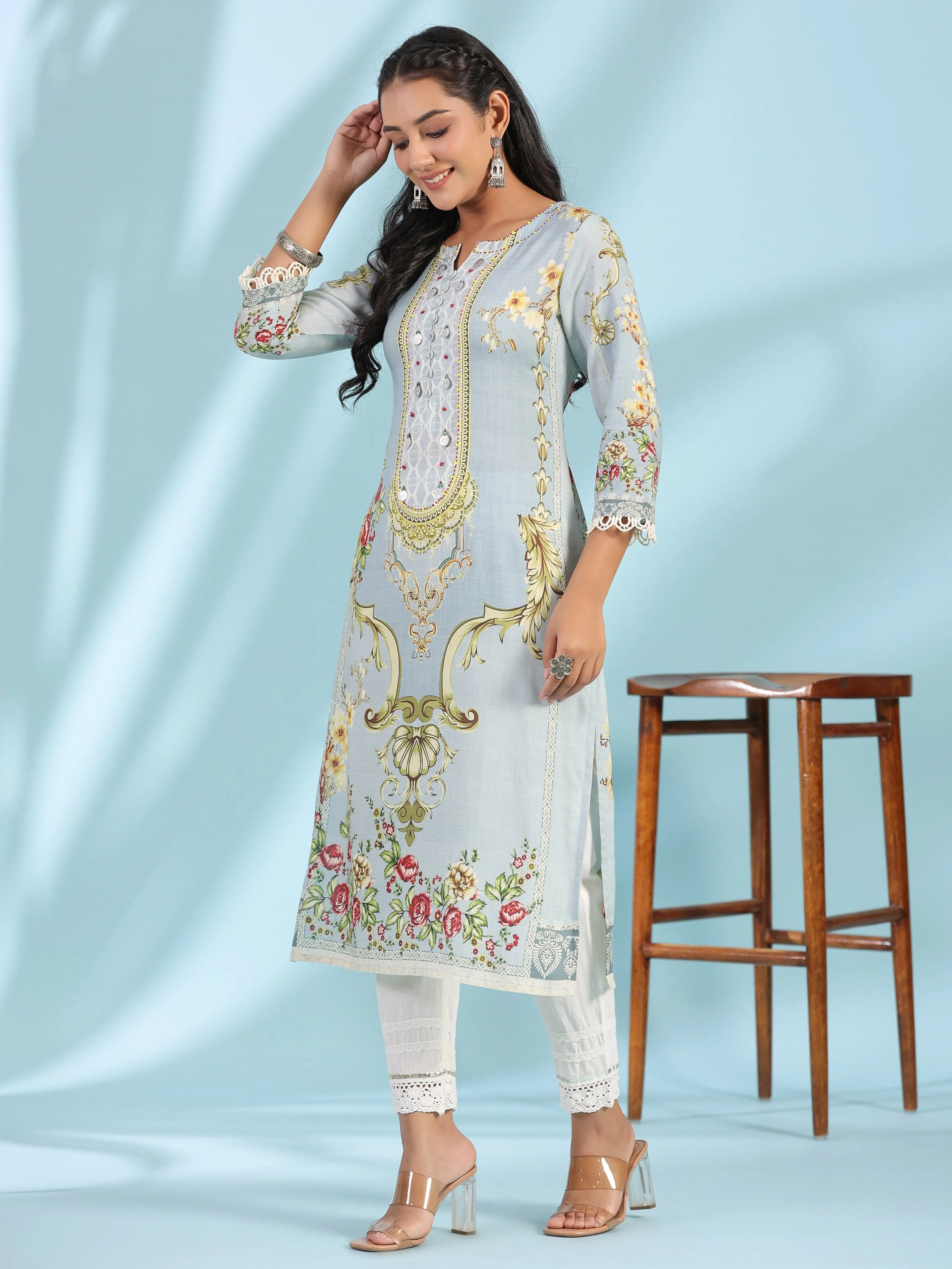 Juniper Grey Rayon Floral Printed Round Neck Kurta With Beadwork