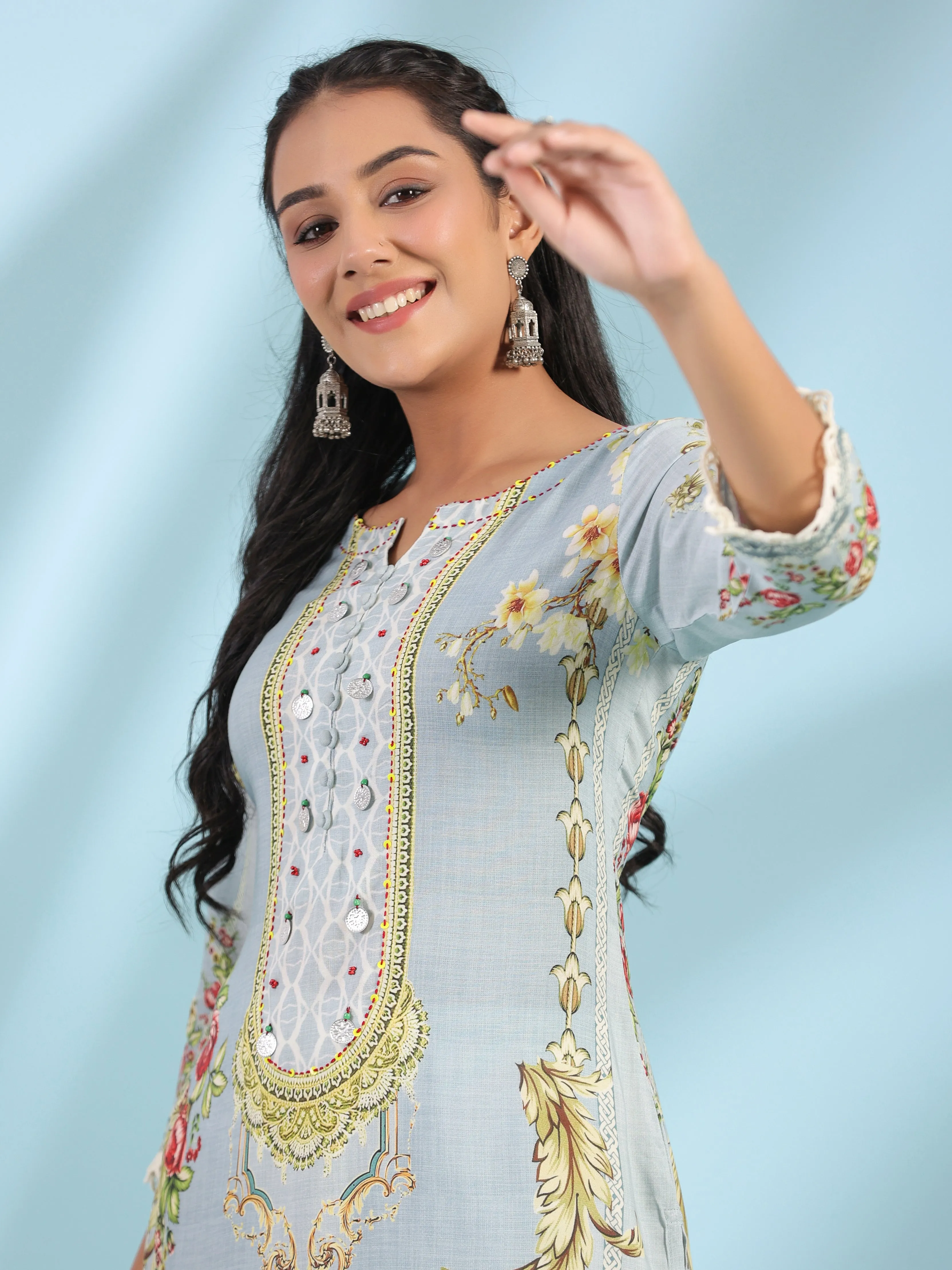 Juniper Grey Rayon Floral Printed Round Neck Kurta With Beadwork