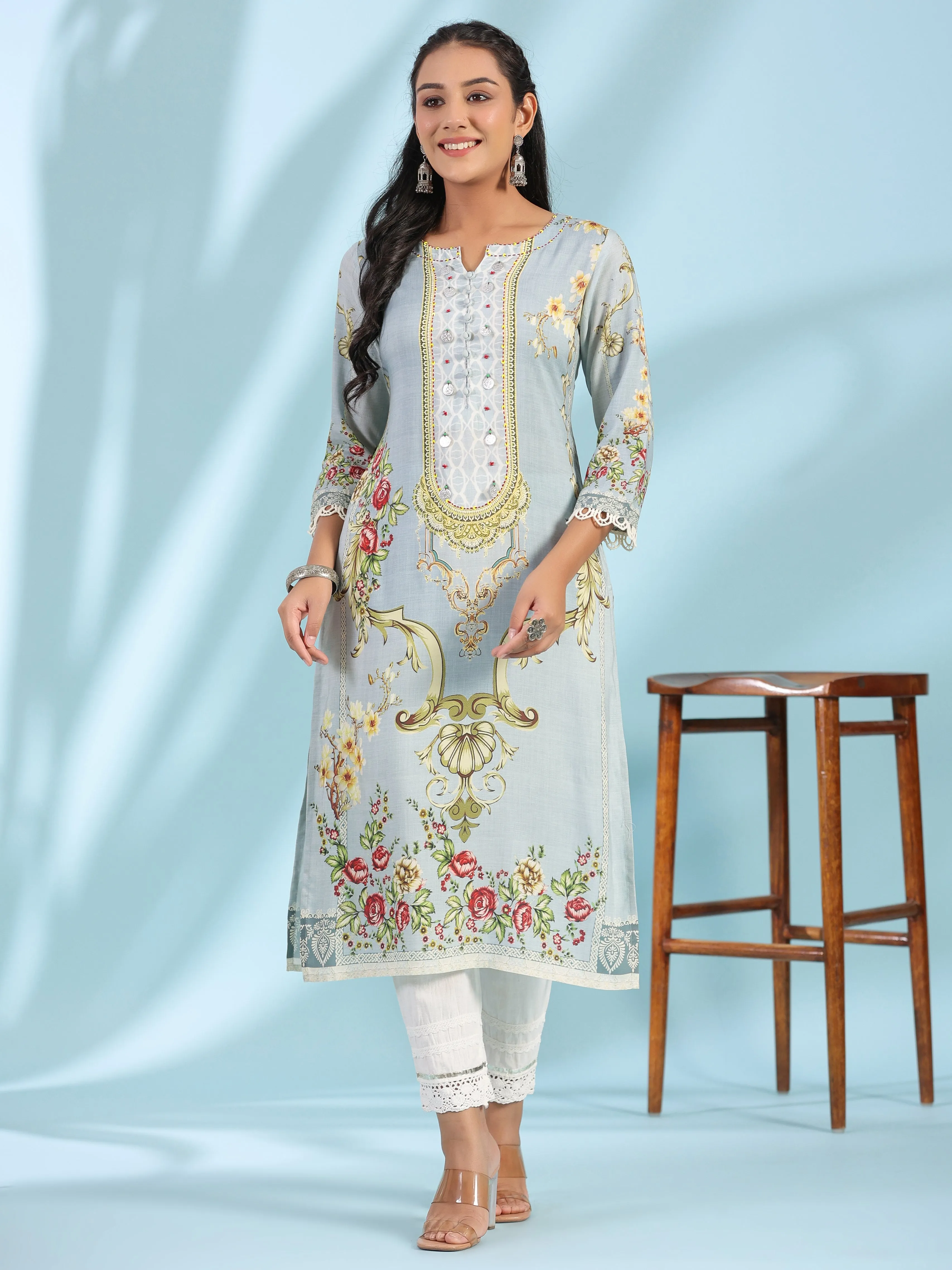 Juniper Grey Rayon Floral Printed Round Neck Kurta With Beadwork