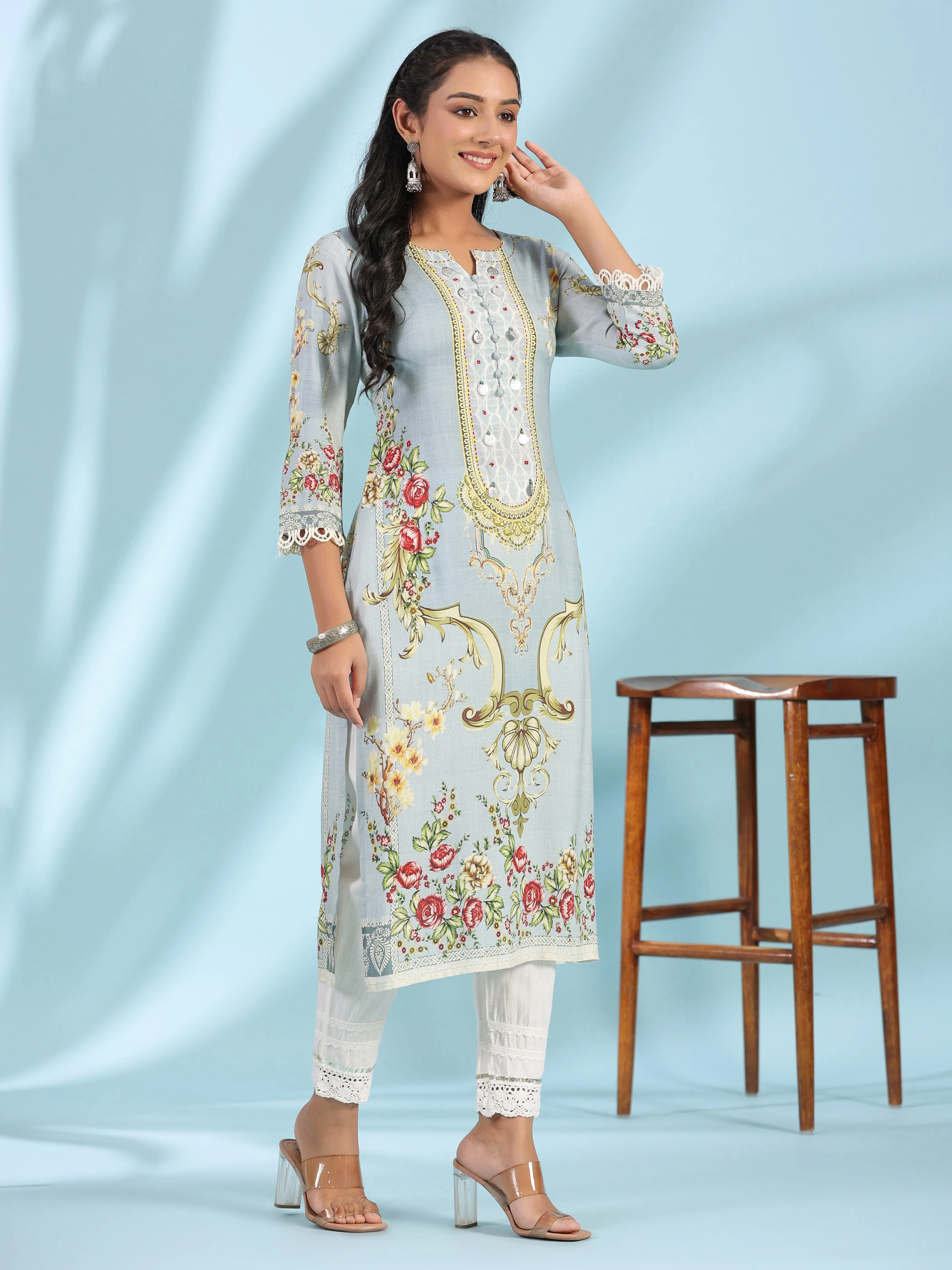 Juniper Grey Rayon Floral Printed Round Neck Kurta With Beadwork