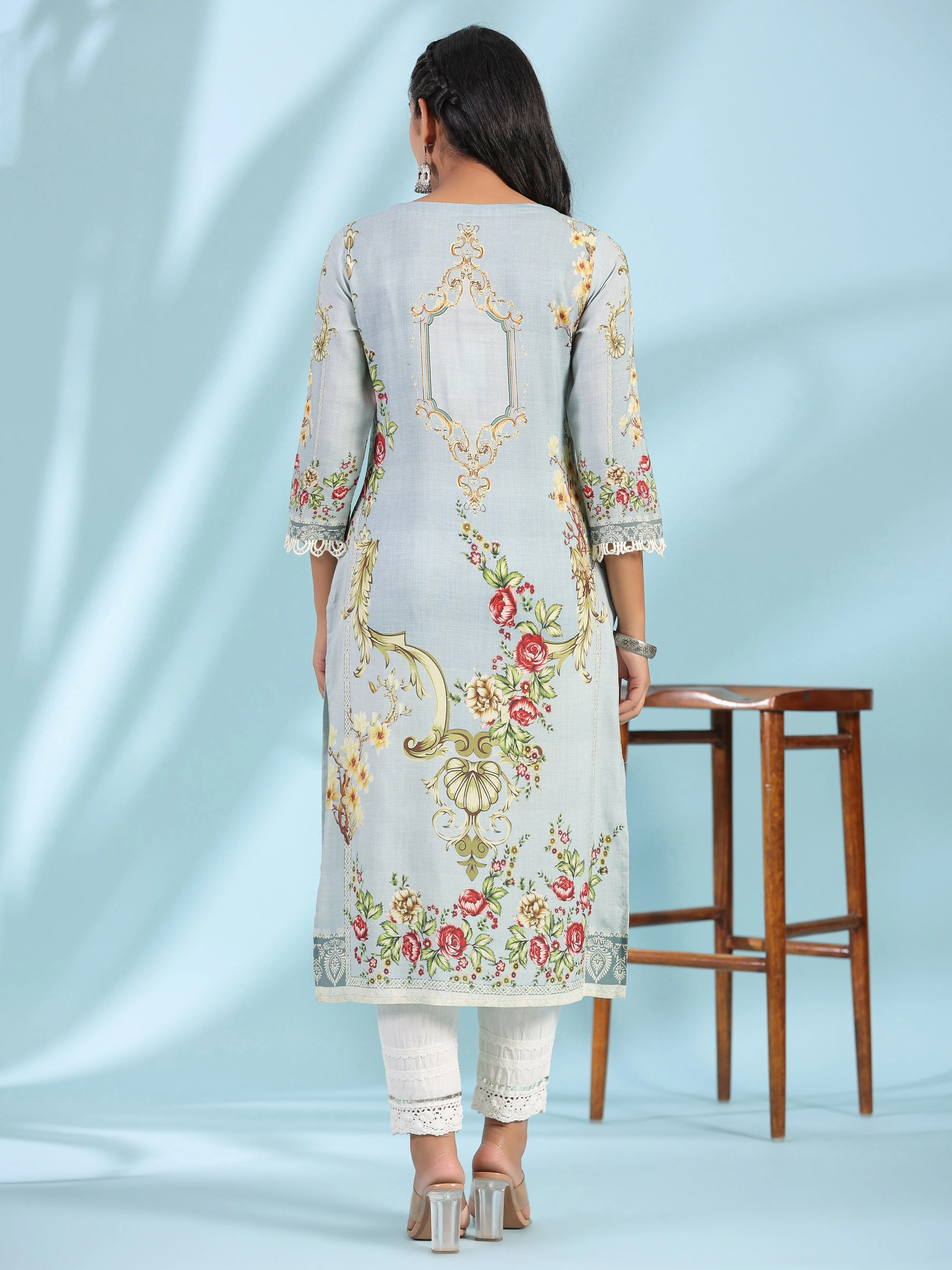 Juniper Grey Rayon Floral Printed Round Neck Kurta With Beadwork