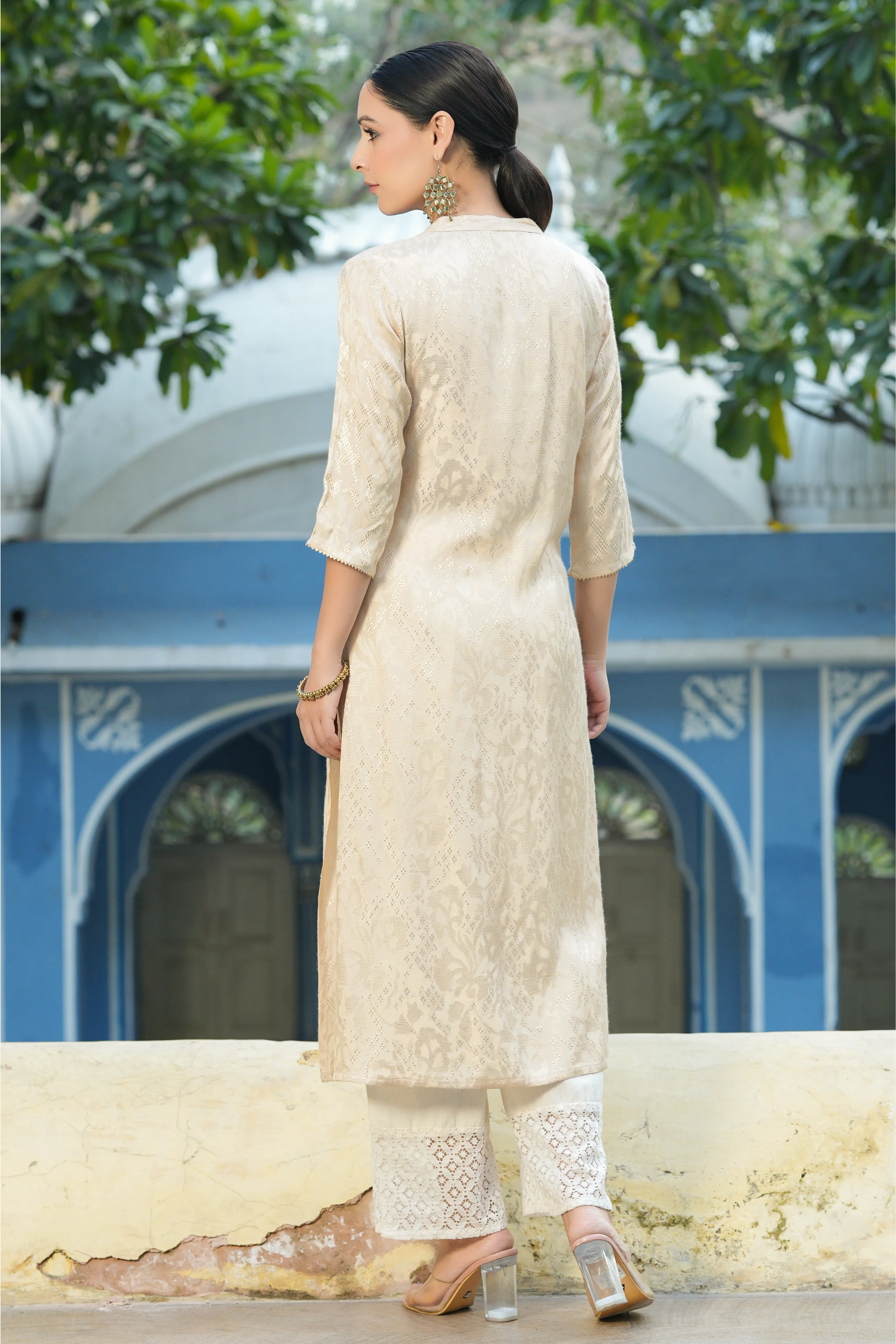 Juniper Ivory Ethnic Motif Printed Rayon Jacquard Kurta