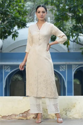 Juniper Ivory Ethnic Motif Printed Rayon Jacquard Kurta