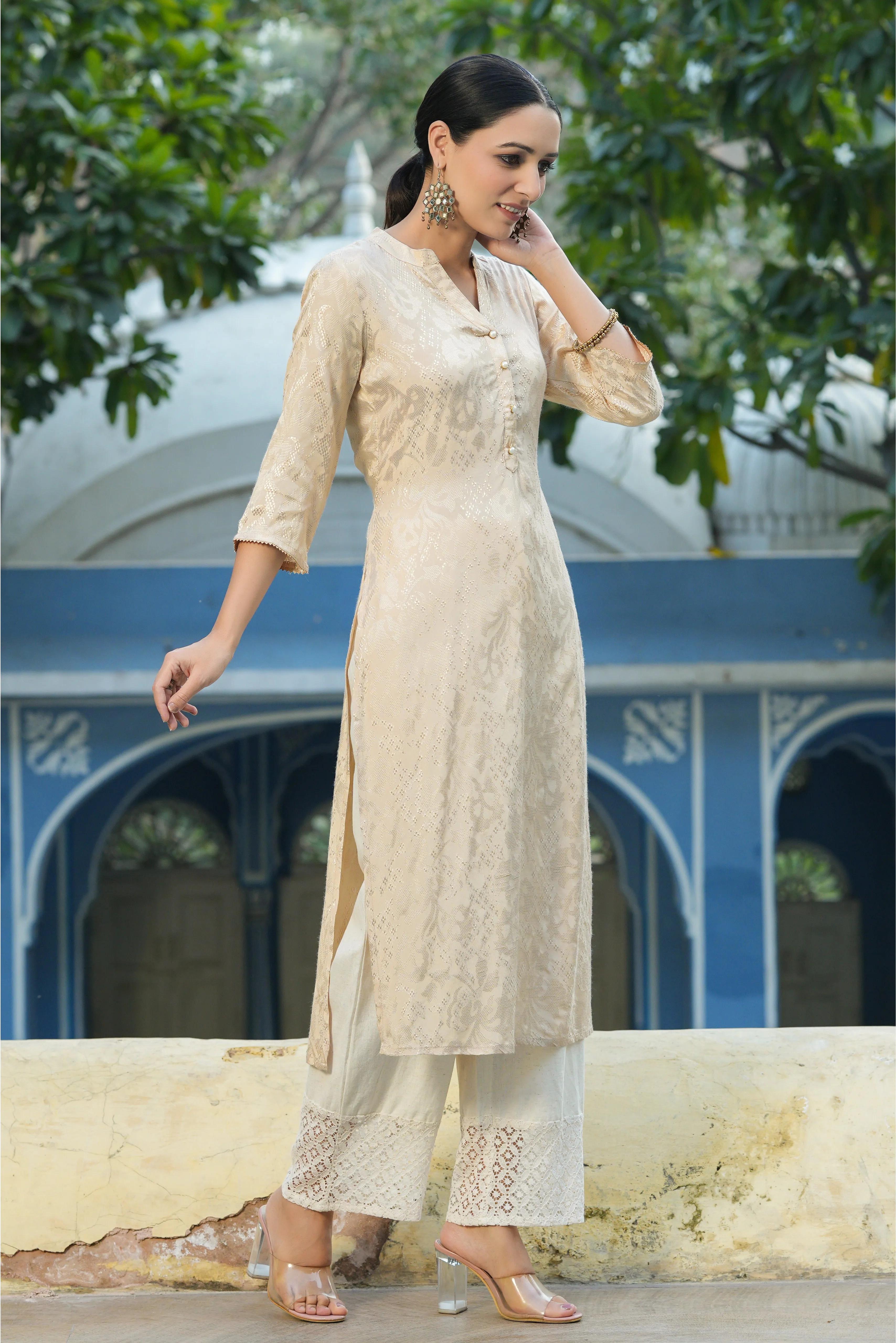 Juniper Ivory Ethnic Motif Printed Rayon Jacquard Kurta