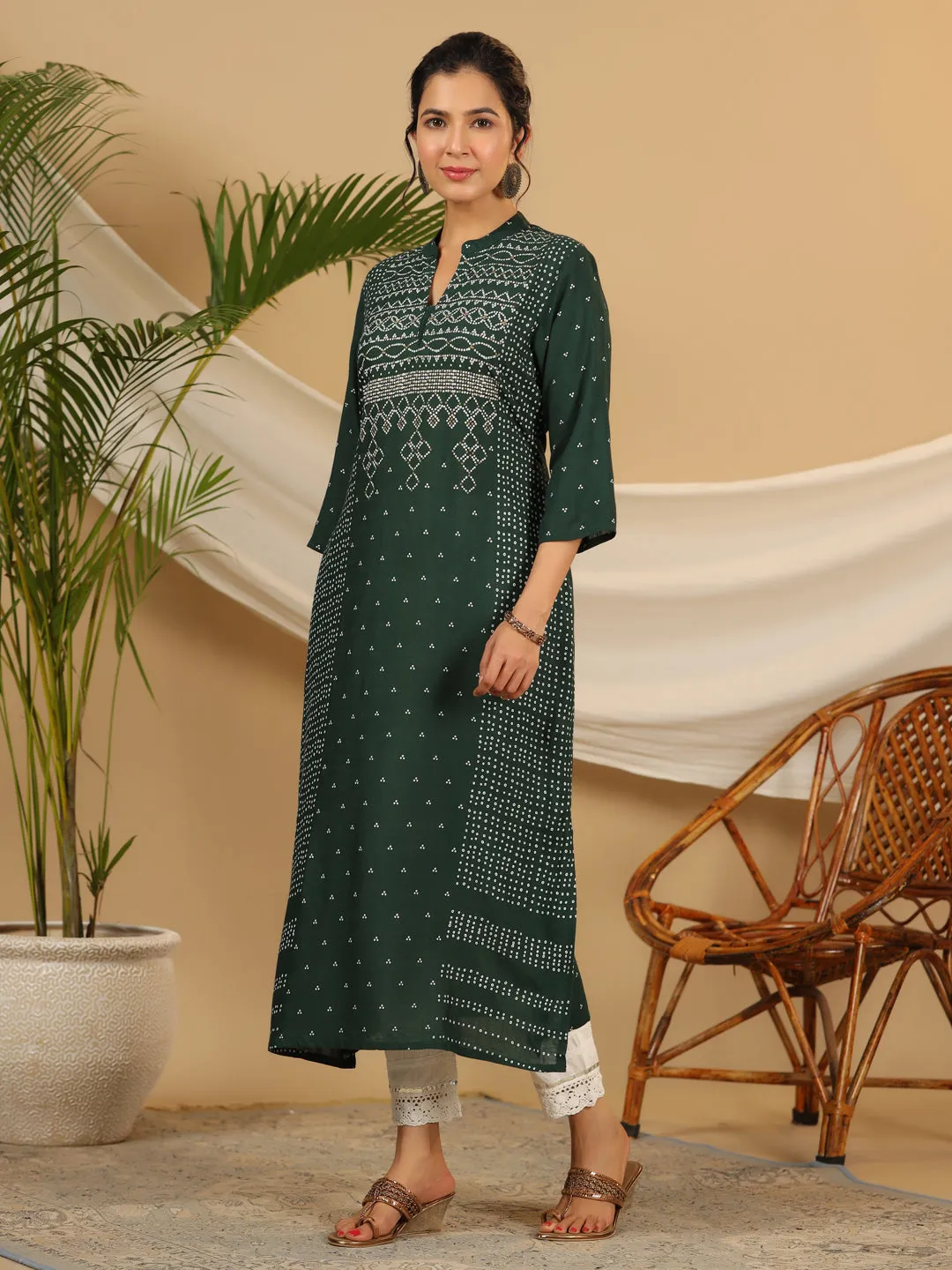 Juniper Jade Green Bandhani Printed Rayon Slub Kurta With Pant Set