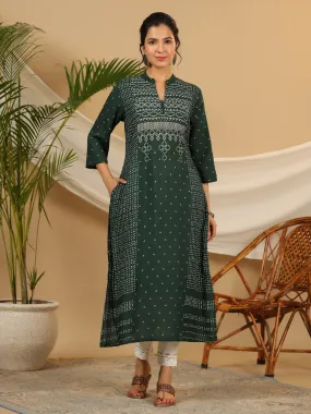 Juniper Jade Green Bandhani Printed Rayon Slub Kurta With Pant Set