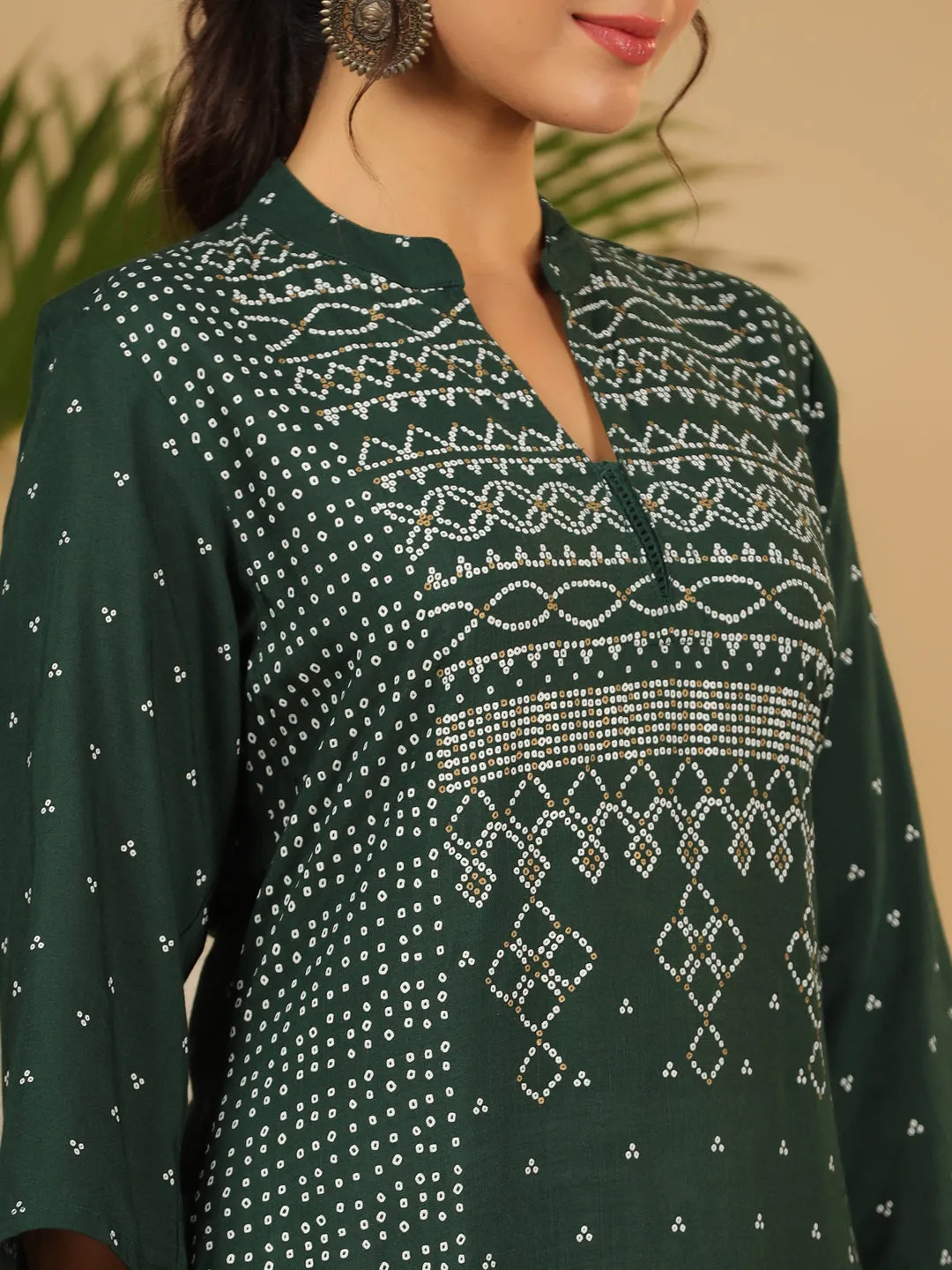 Juniper Jade Green Bandhani Printed Rayon Slub Kurta With Pant Set