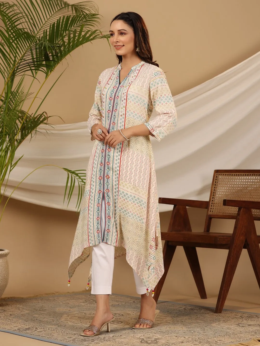 Juniper Multi-Color Geometric Printed Rayon Kurta With Beads & Sequins Work