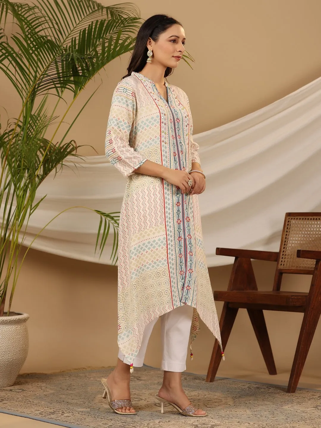 Juniper Multi-Color Geometric Printed Rayon Kurta With Beads & Sequins Work