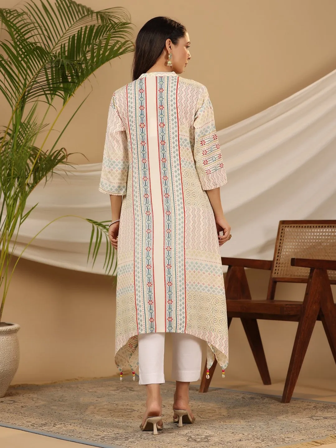 Juniper Multi-Color Geometric Printed Rayon Kurta With Beads & Sequins Work