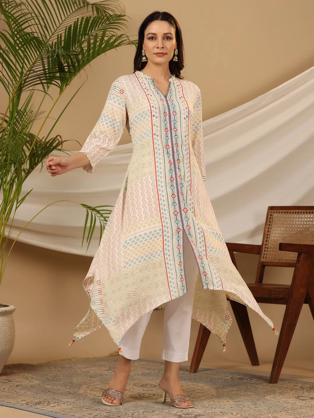 Juniper Multi-Color Geometric Printed Rayon Kurta With Beads & Sequins Work