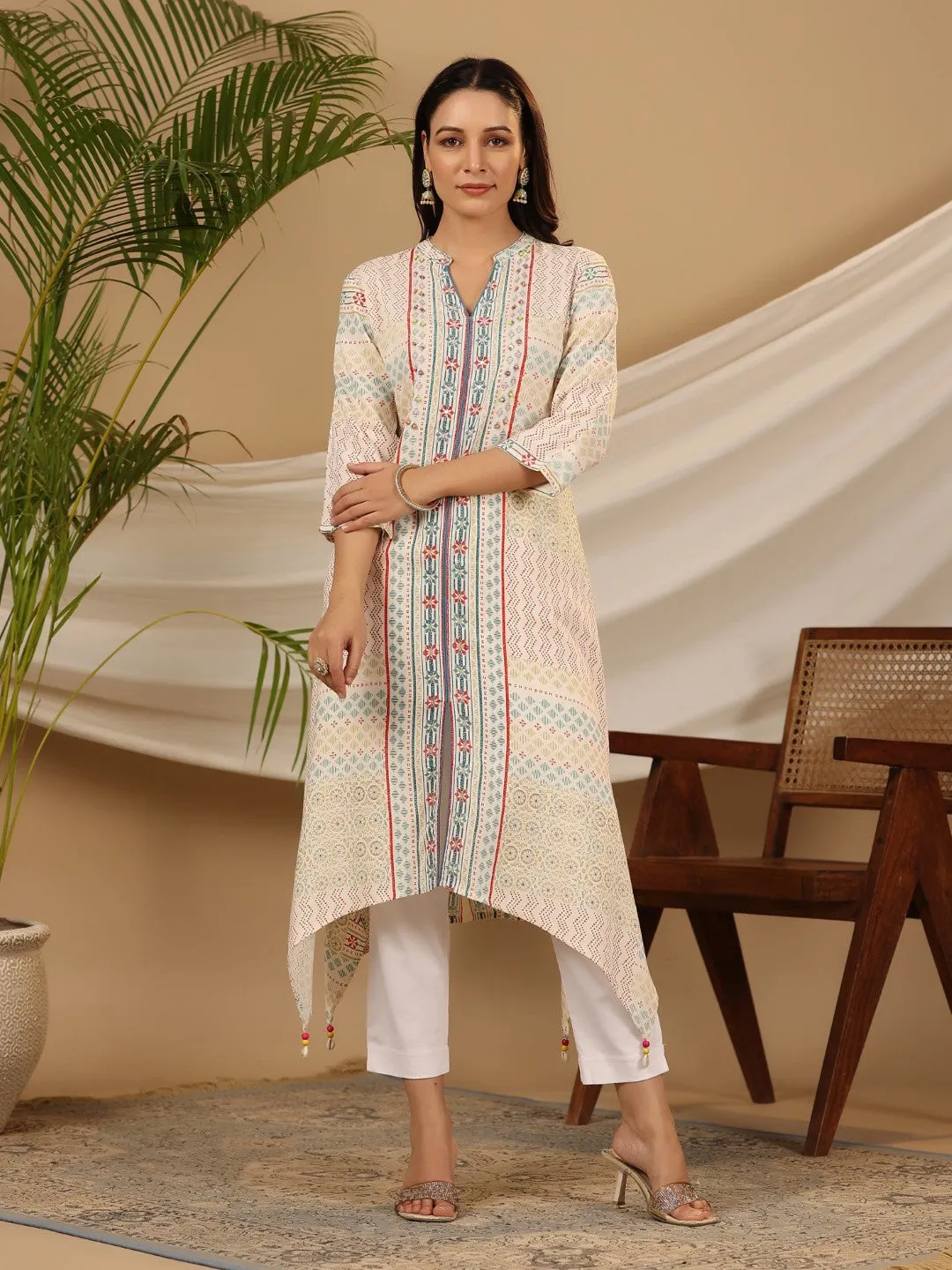 Juniper Multi-Color Geometric Printed Rayon Kurta With Beads & Sequins Work