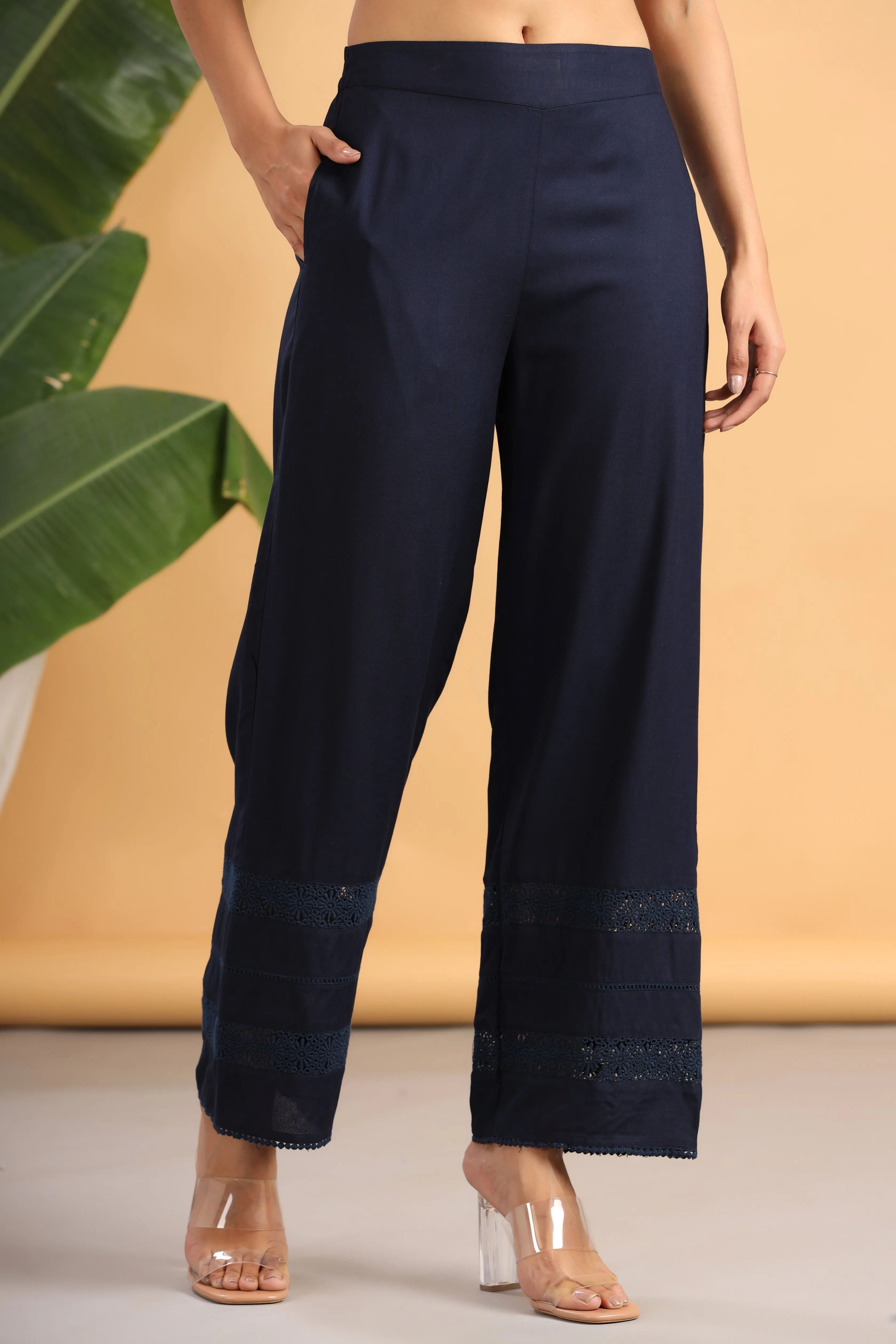 Juniper Navy Blue Solid Rayon Flared Ankle-length Palazzo.