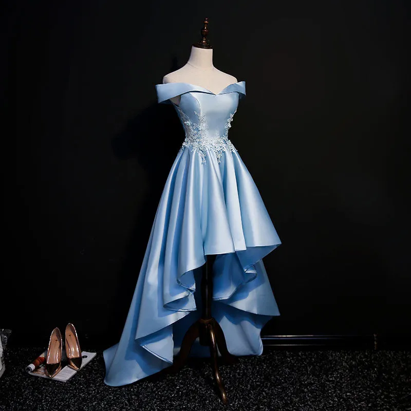 Light Blue Satin with Lace Applique High Low Homecoming Dress, Blue Short Off Shoulder Formal Dress