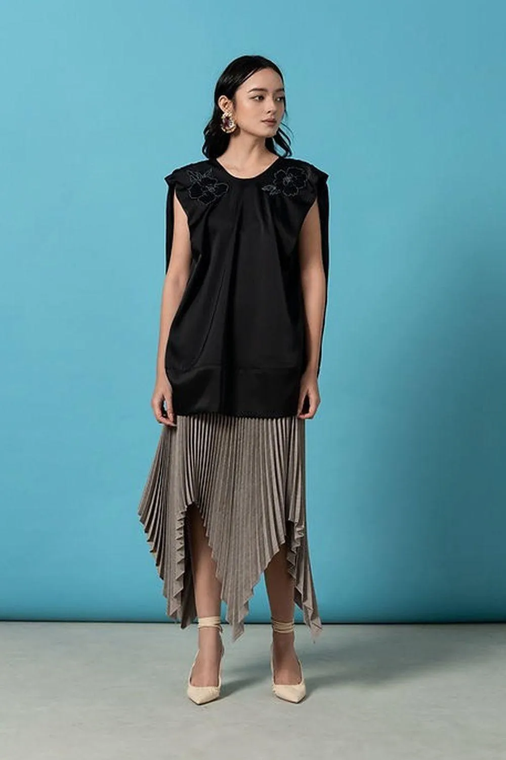 Lina Pleated Asymmetric Polyester Midi Skirt