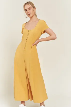 Linen Button Down Jumpsuit - Yellow, Navy