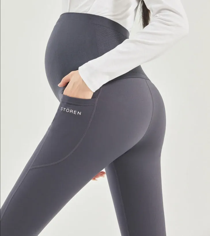 Maternity Shark Skin Leggings with Pockets - Stylish, Slimming, and Perfect for Spring and Autumn Activities