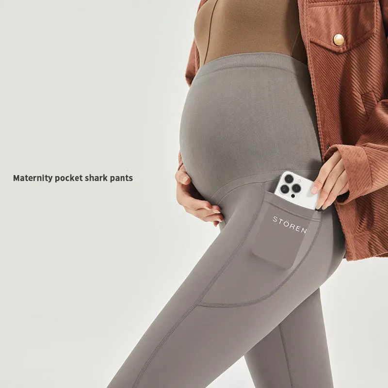 Maternity Shark Skin Leggings with Pockets - Stylish, Slimming, and Perfect for Spring and Autumn Activities