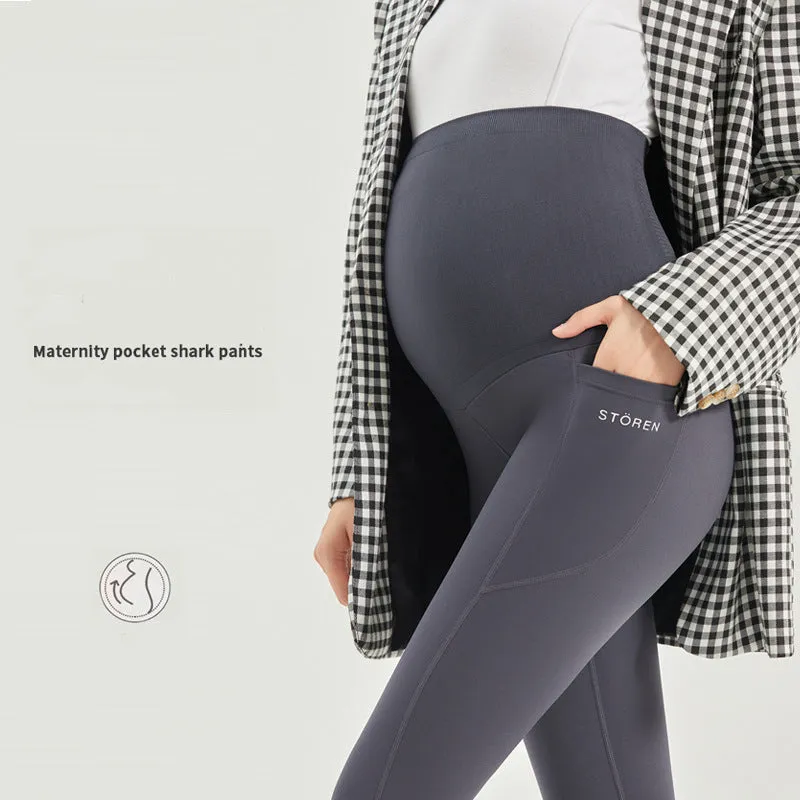 Maternity Shark Skin Leggings with Pockets - Stylish, Slimming, and Perfect for Spring and Autumn Activities