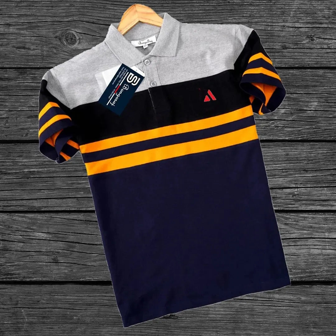 Melange Black & Navy Polo T-Shirt with Yellow Stripe