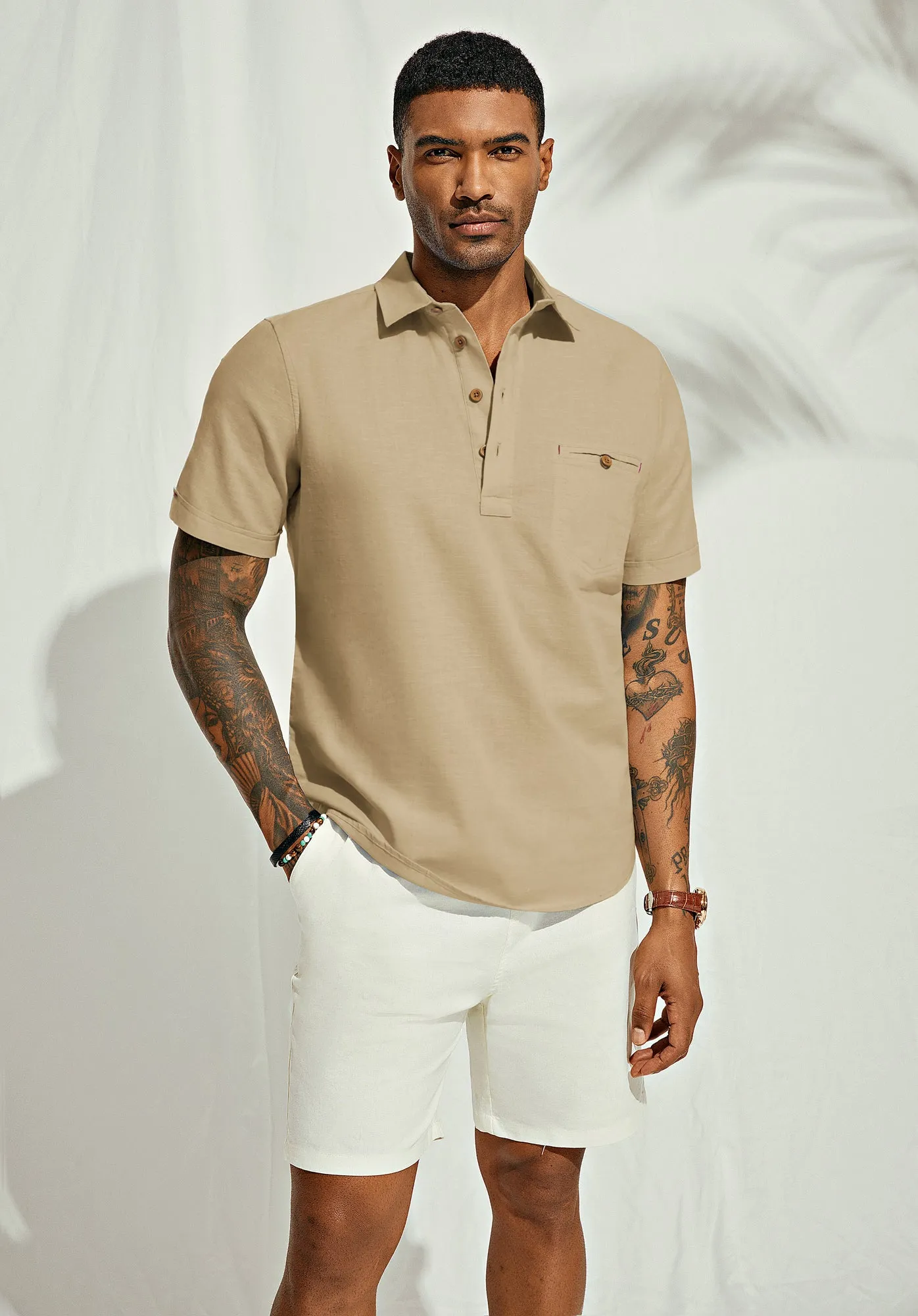 Men Pullover Shirt Casual Short Sleeve Lapel Collar Button-up Neck Tops