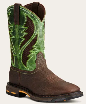 Men's Ariat WorkHog Bruin Brown Green, EH, SR, Pull On Square Western Soft Toe Boot