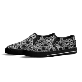 Mens Black and White Groovy Hearts Rubber Slip On Shoes