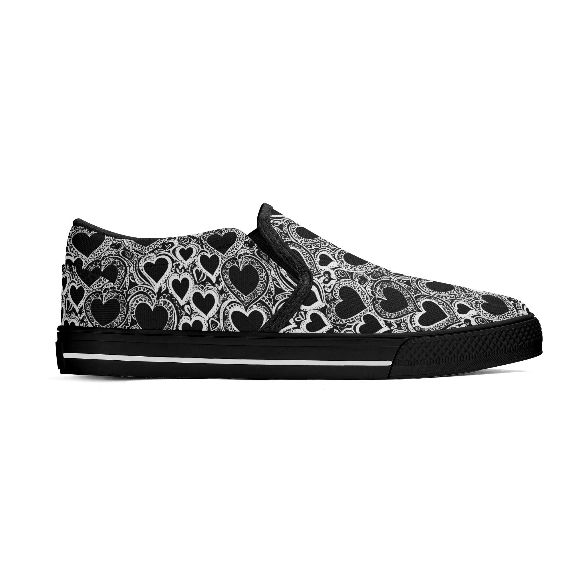 Mens Black and White Groovy Hearts Rubber Slip On Shoes