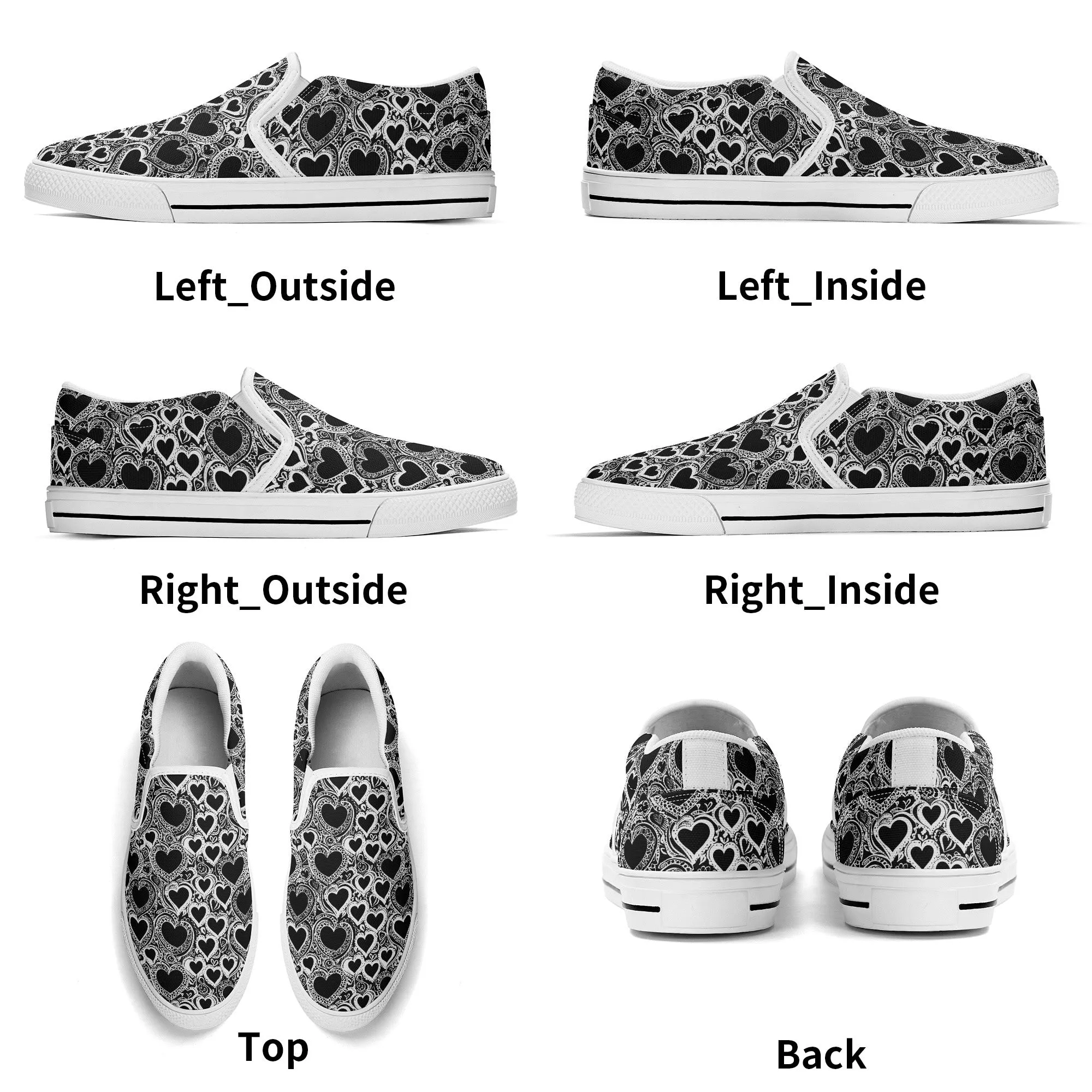 Mens Black and White Groovy Hearts Rubber Slip On Shoes