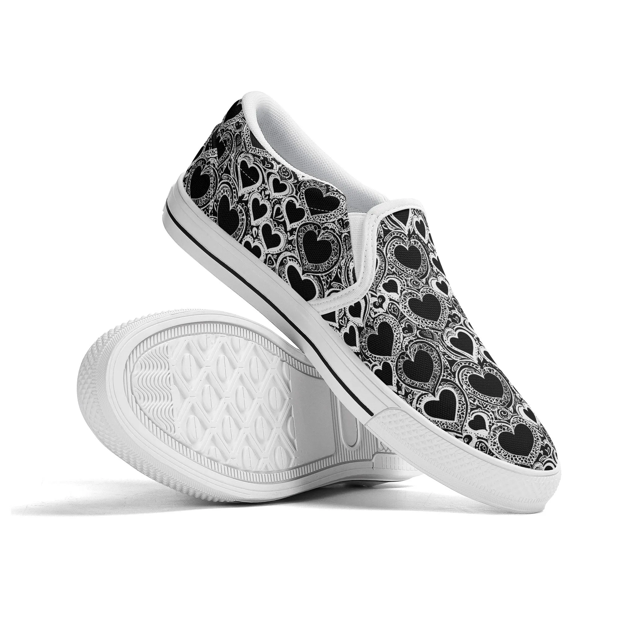 Mens Black and White Groovy Hearts Rubber Slip On Shoes