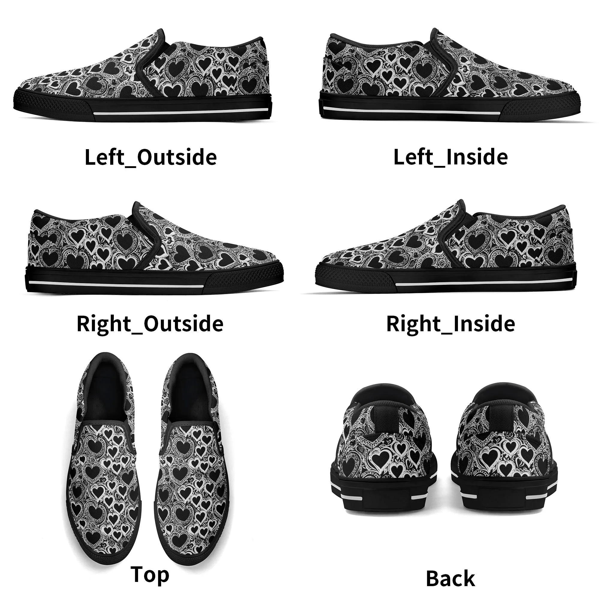 Mens Black and White Groovy Hearts Rubber Slip On Shoes