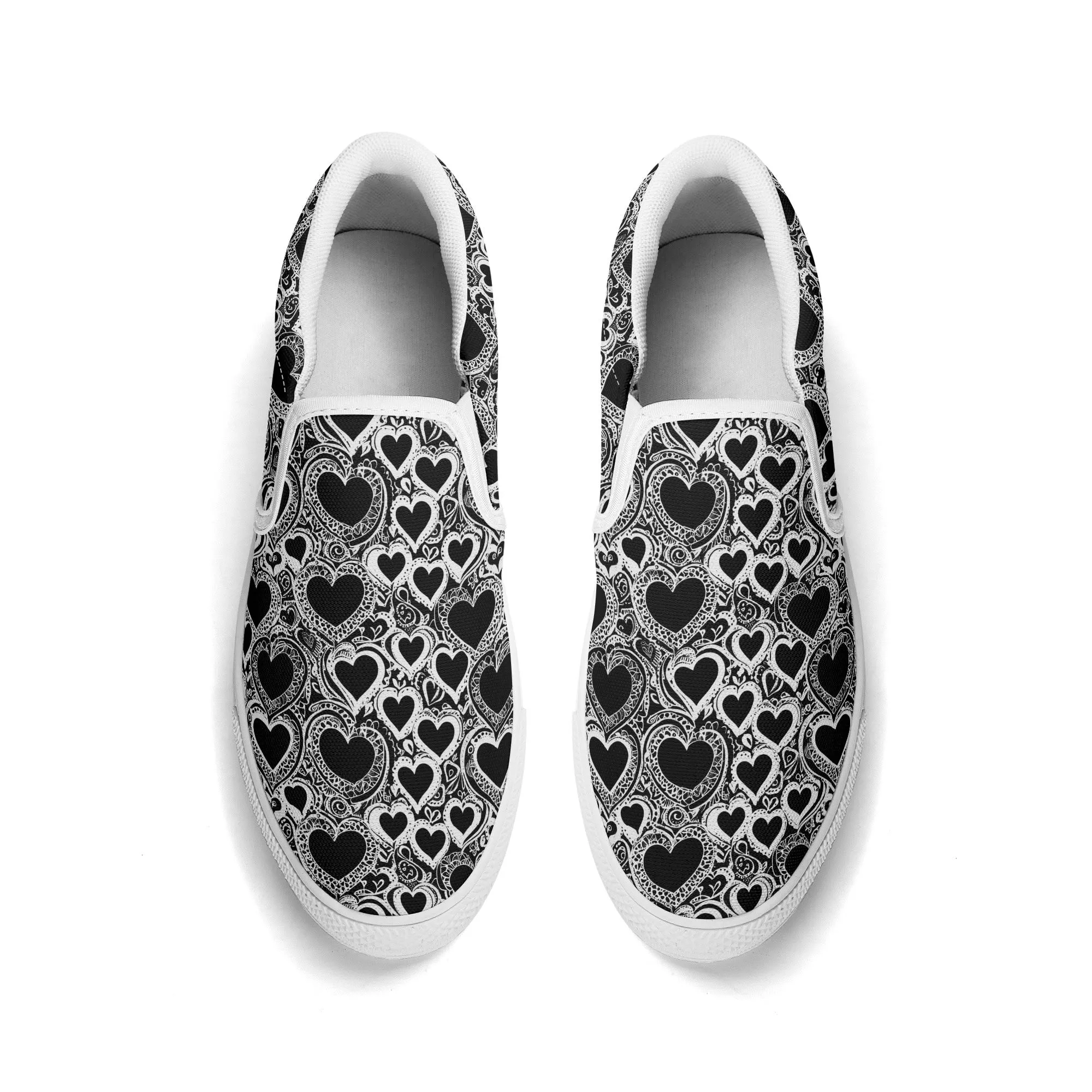 Mens Black and White Groovy Hearts Rubber Slip On Shoes